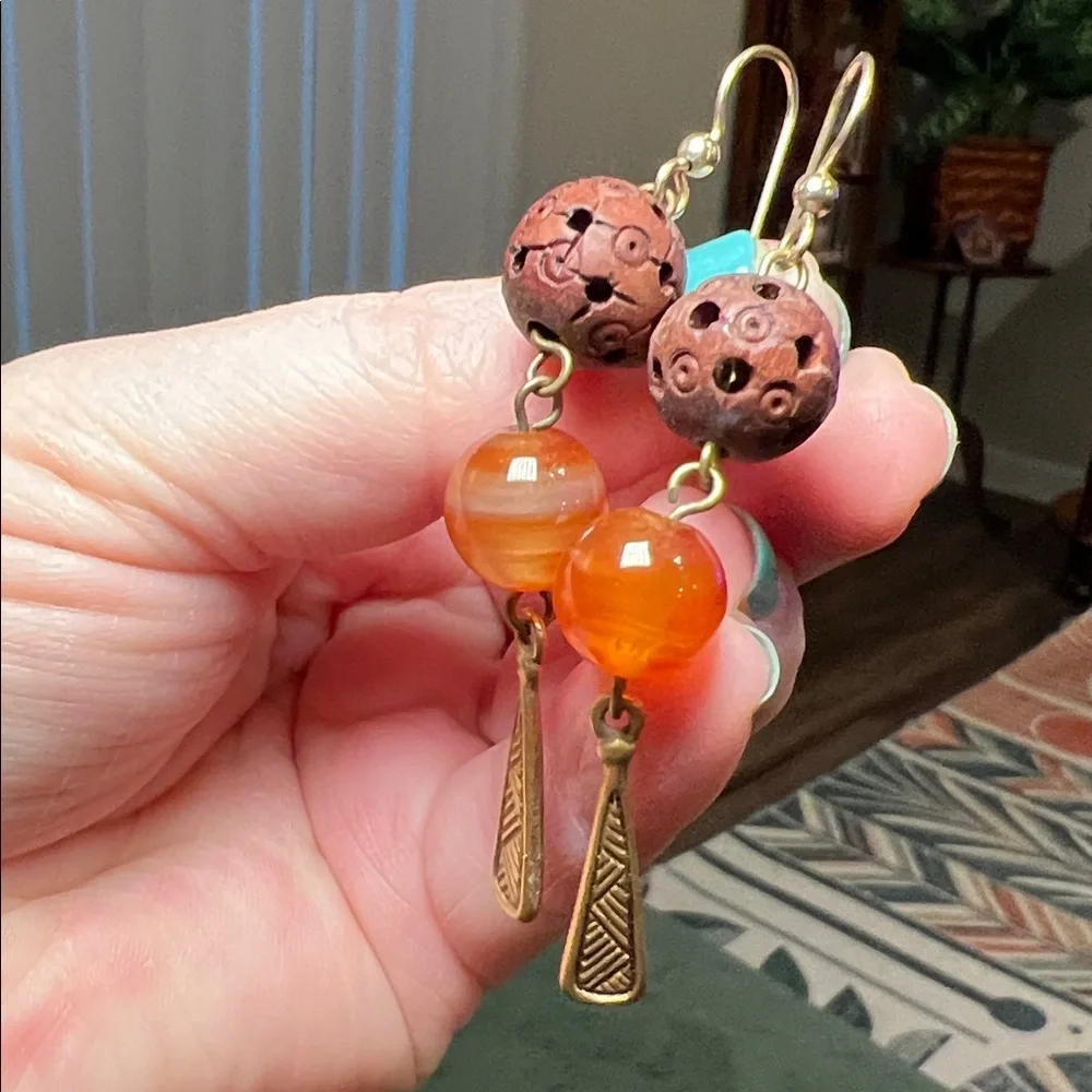 Vintage Boho Artisan Handcrafted Carved Wood and Orange Agate Dangle Earrings